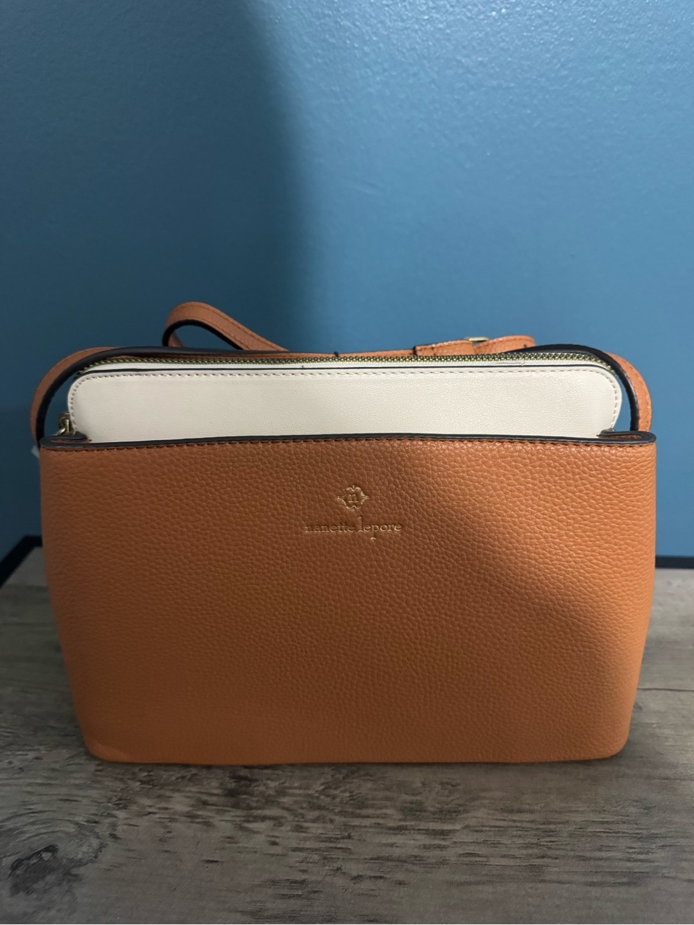 Nanette Lepore Tan and White Pebbled Leather Crossbody Bag